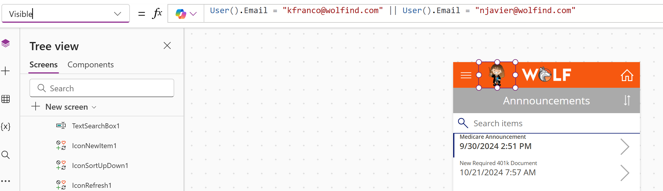 Power Apps visible property using user email to control button visibility