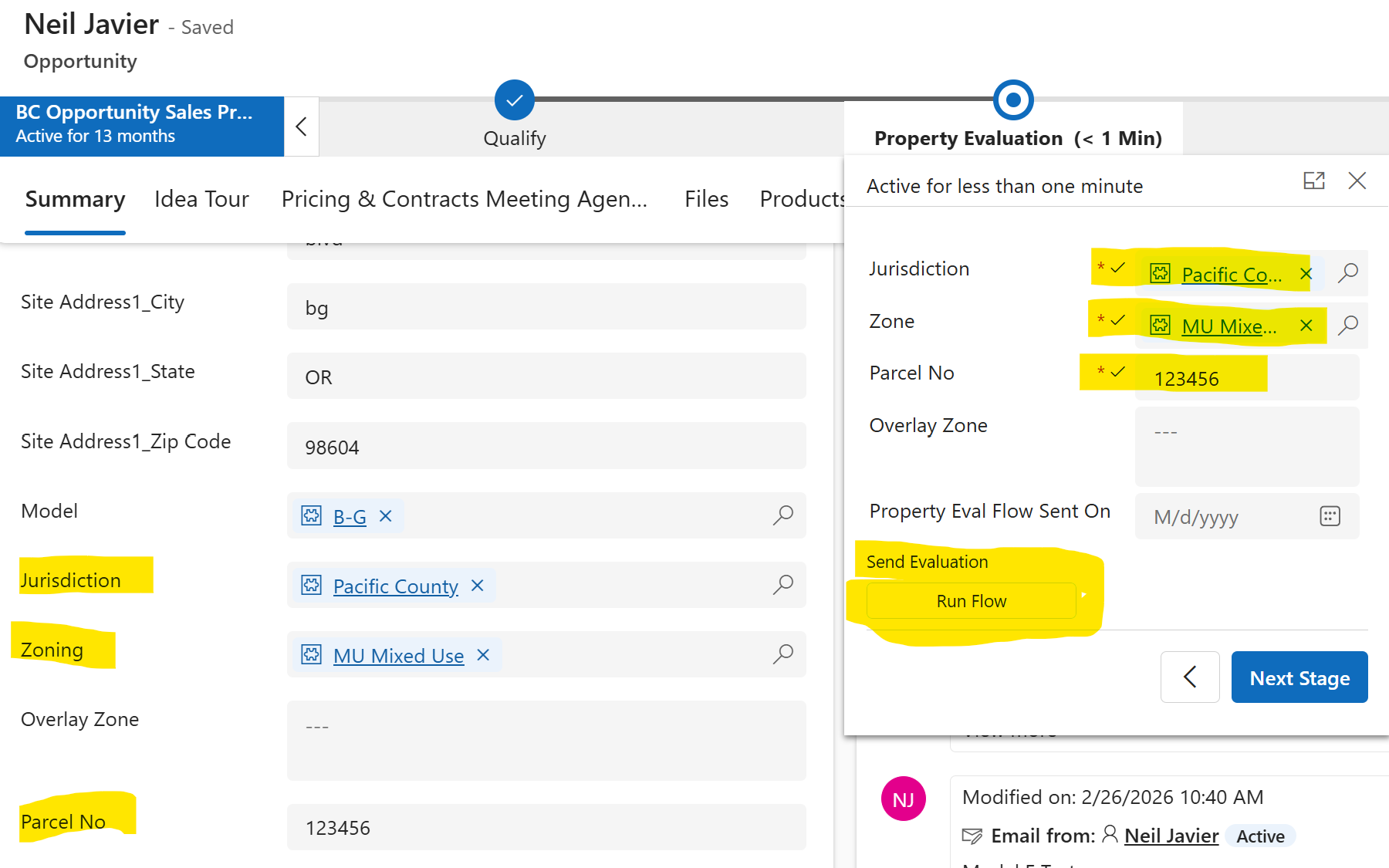 Property Evaluation stage showing jurisdiction, zone, parcel number, and flow button
