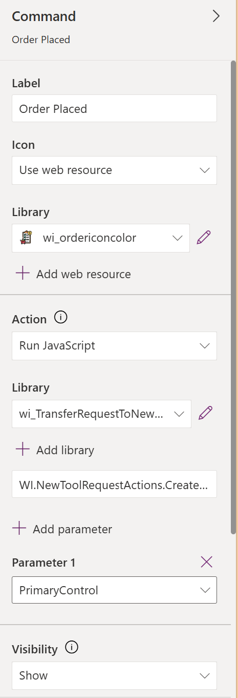 Model-driven app command bar button configured to run JavaScript web resource