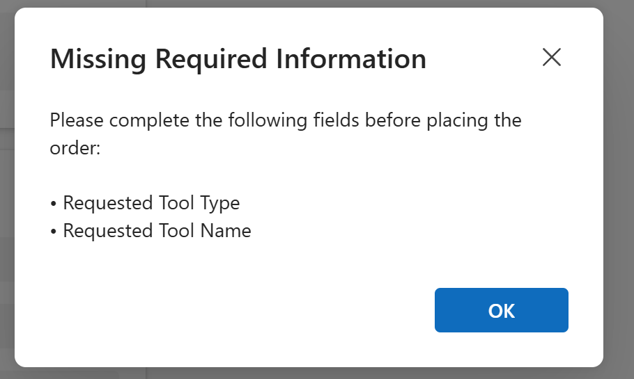Missing required information alert for custom command bar button
