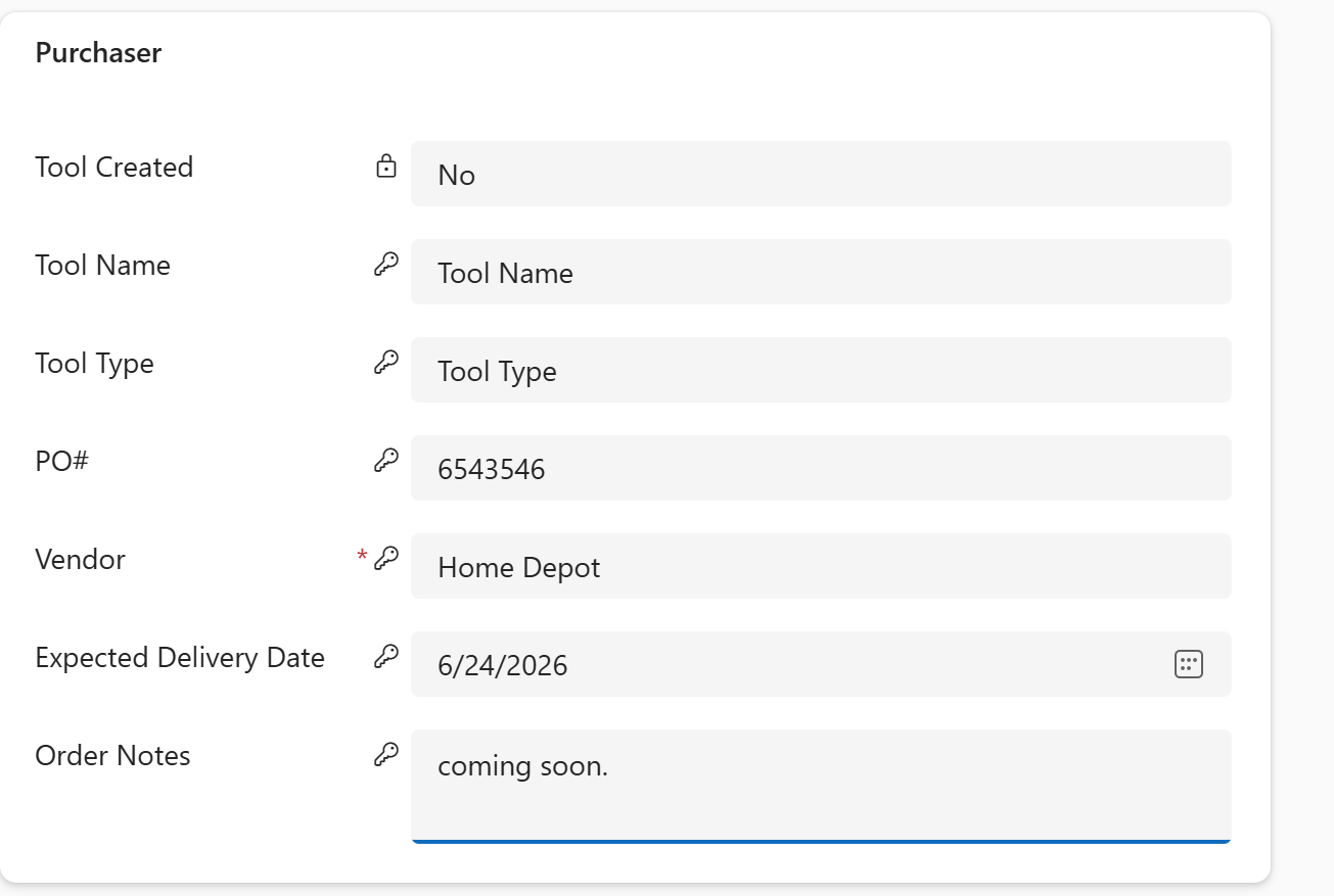 New Tool Request purchaser section with purchase order and vendor information