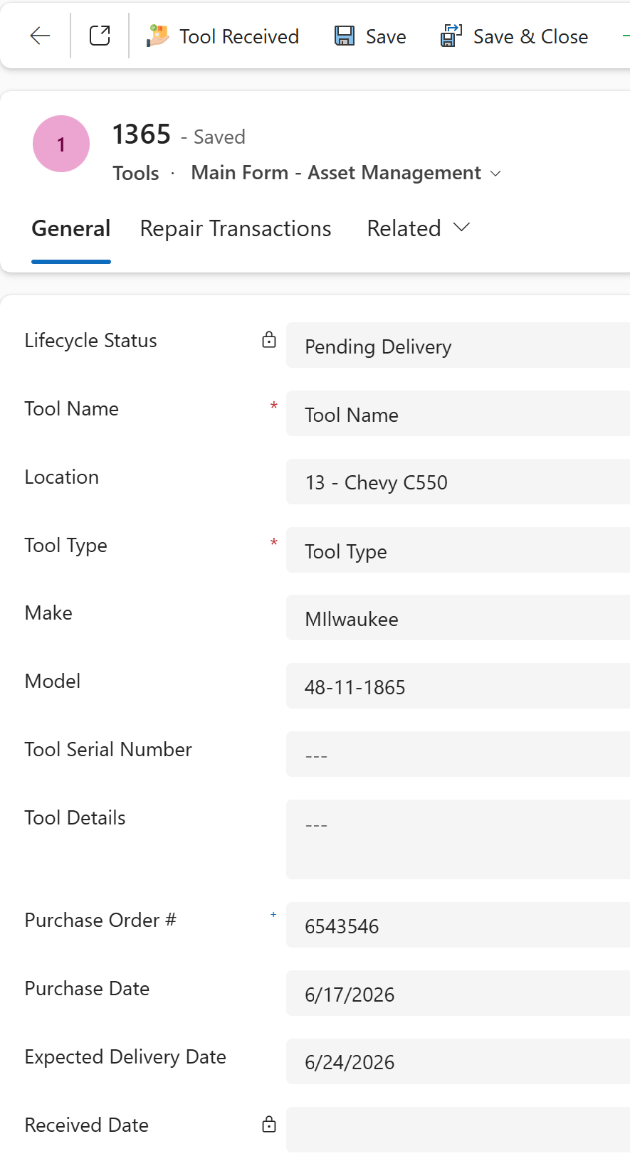 Tool record showing lifecycle status pending delivery and Tool Received command bar button