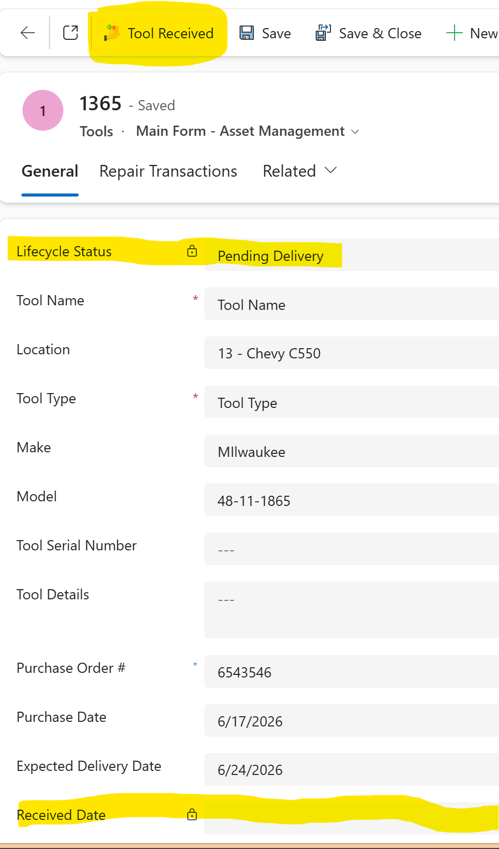 Missing serial number alert when marking a tool received
