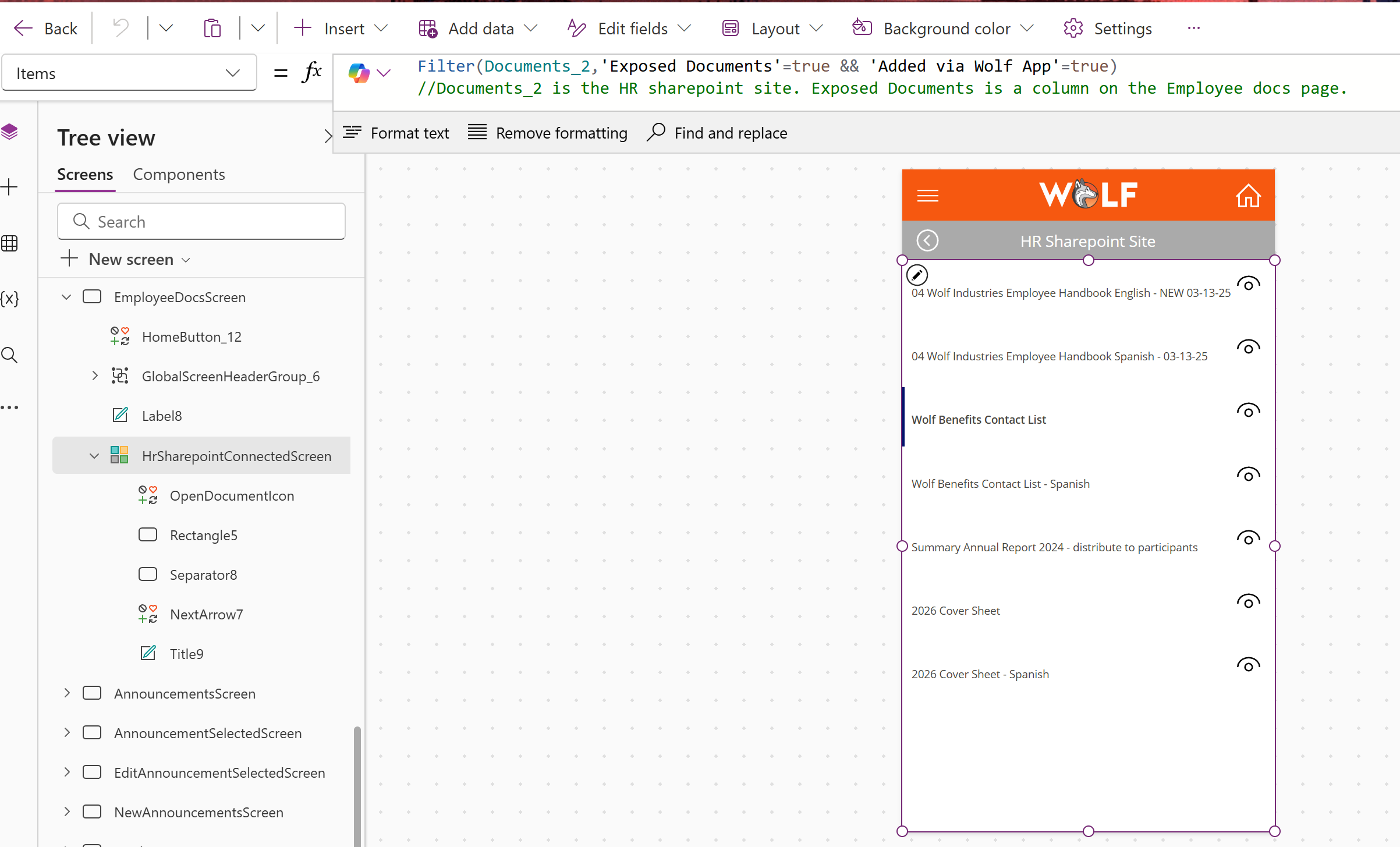 Power Fx filter used to show only exposed employee documents