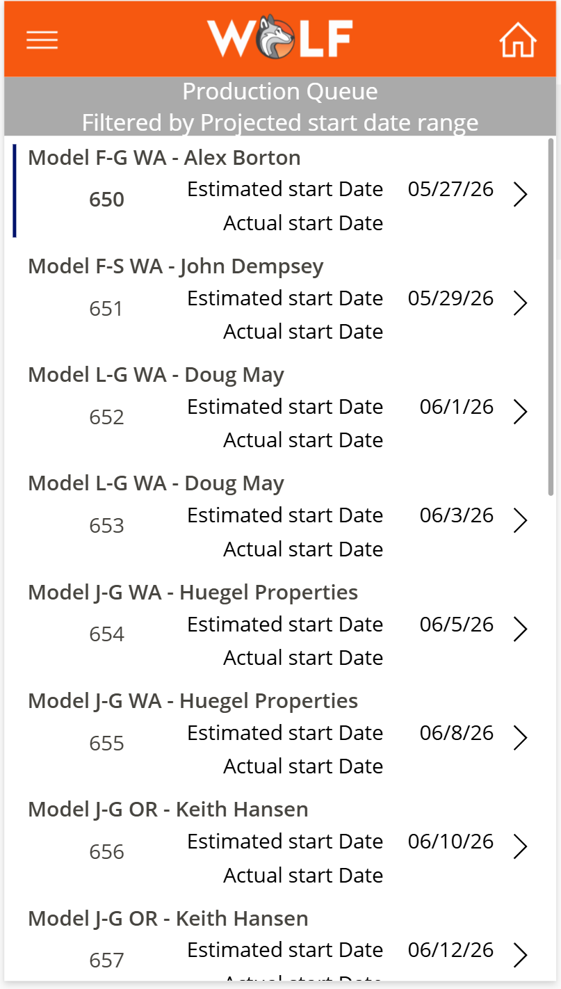 Production queue gallery filtered by projected start date range