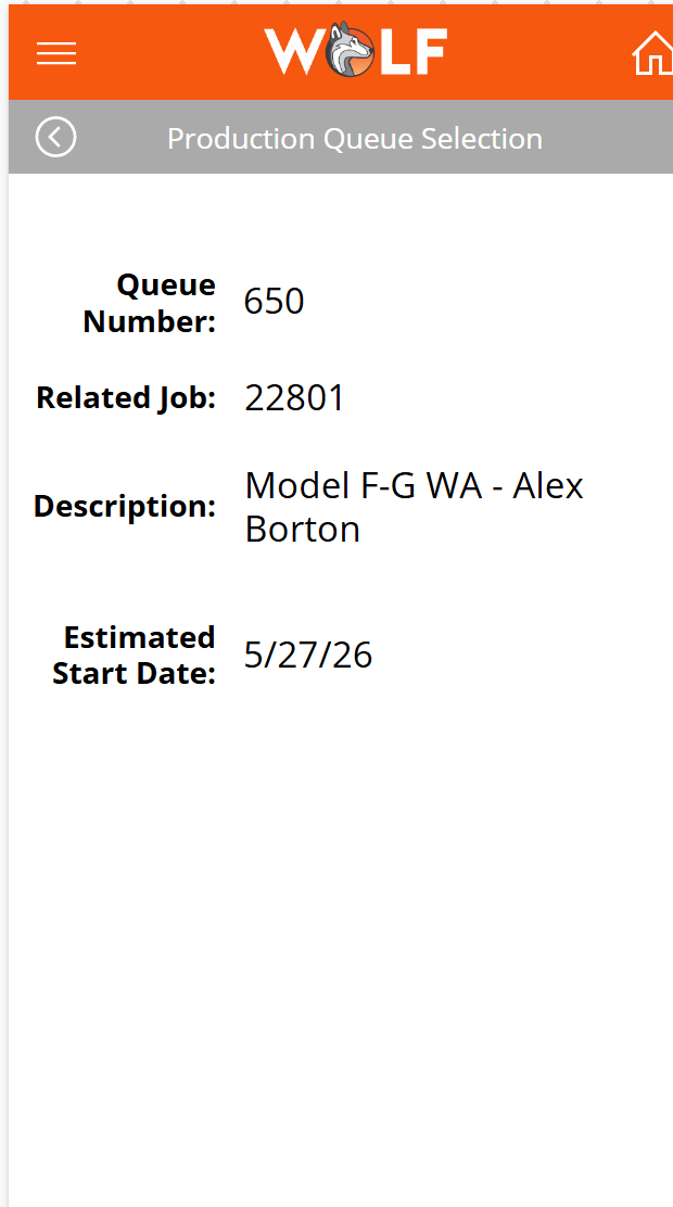 Production queue detail screen showing selected project information