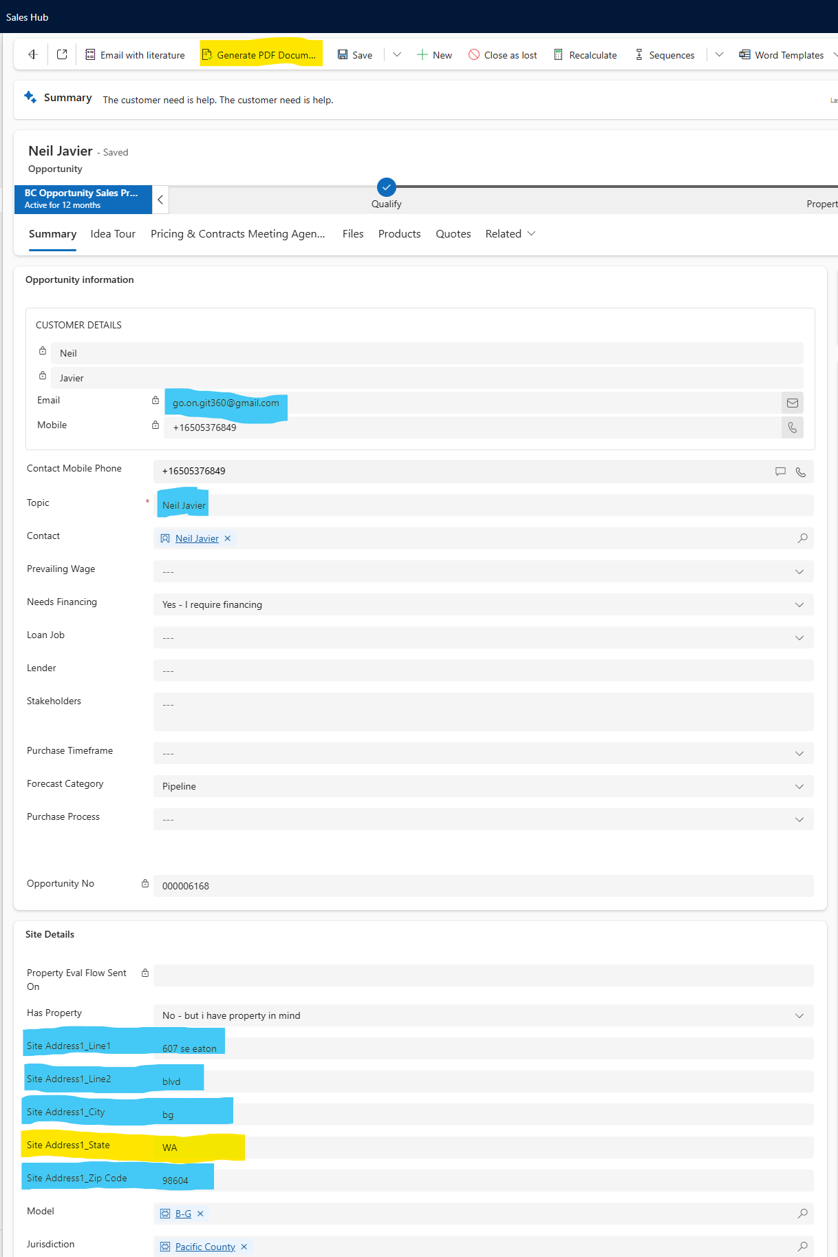 Custom Sales Hub button used to generate a PDF document