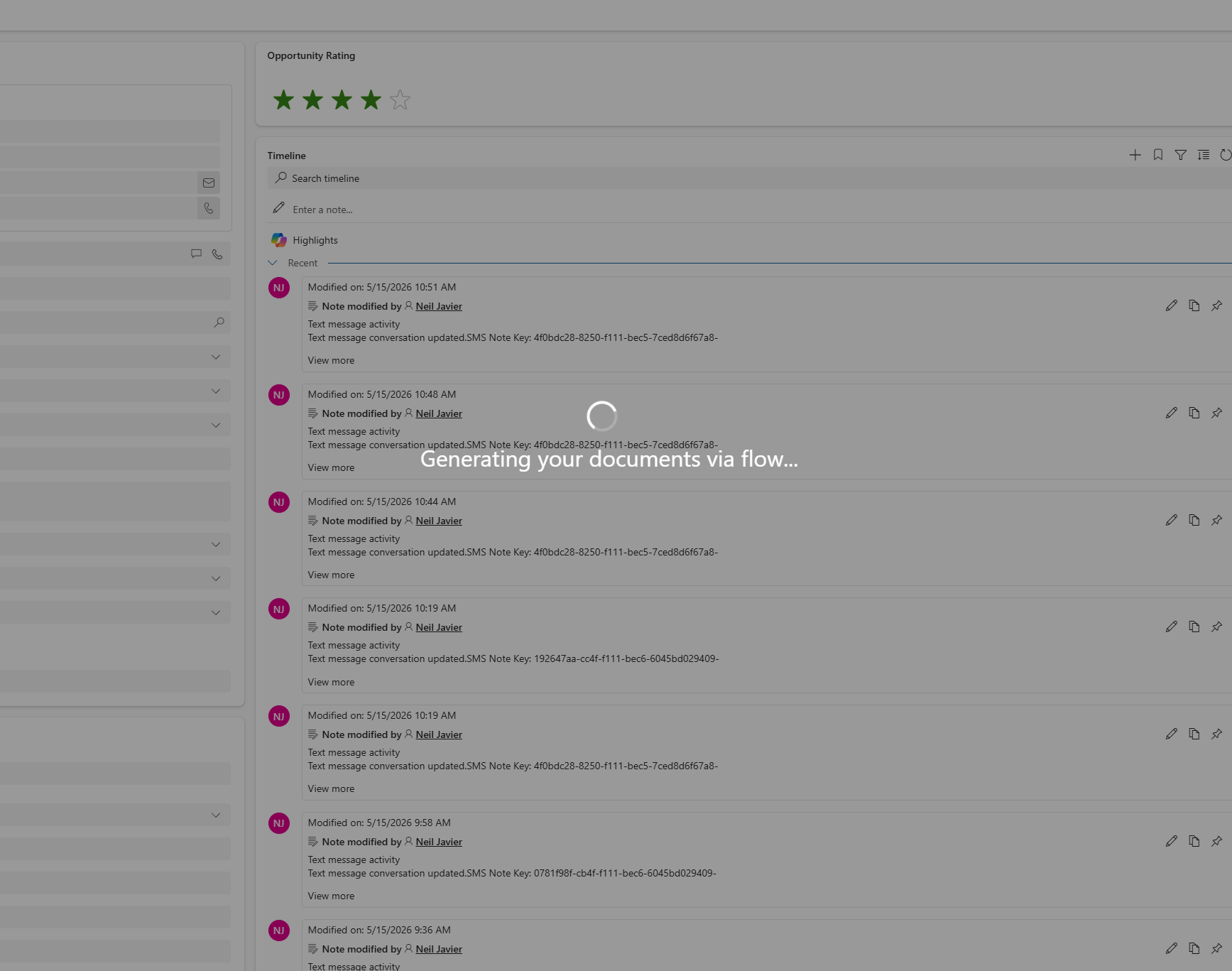 Sales Hub progress indicator while the document generation flow runs