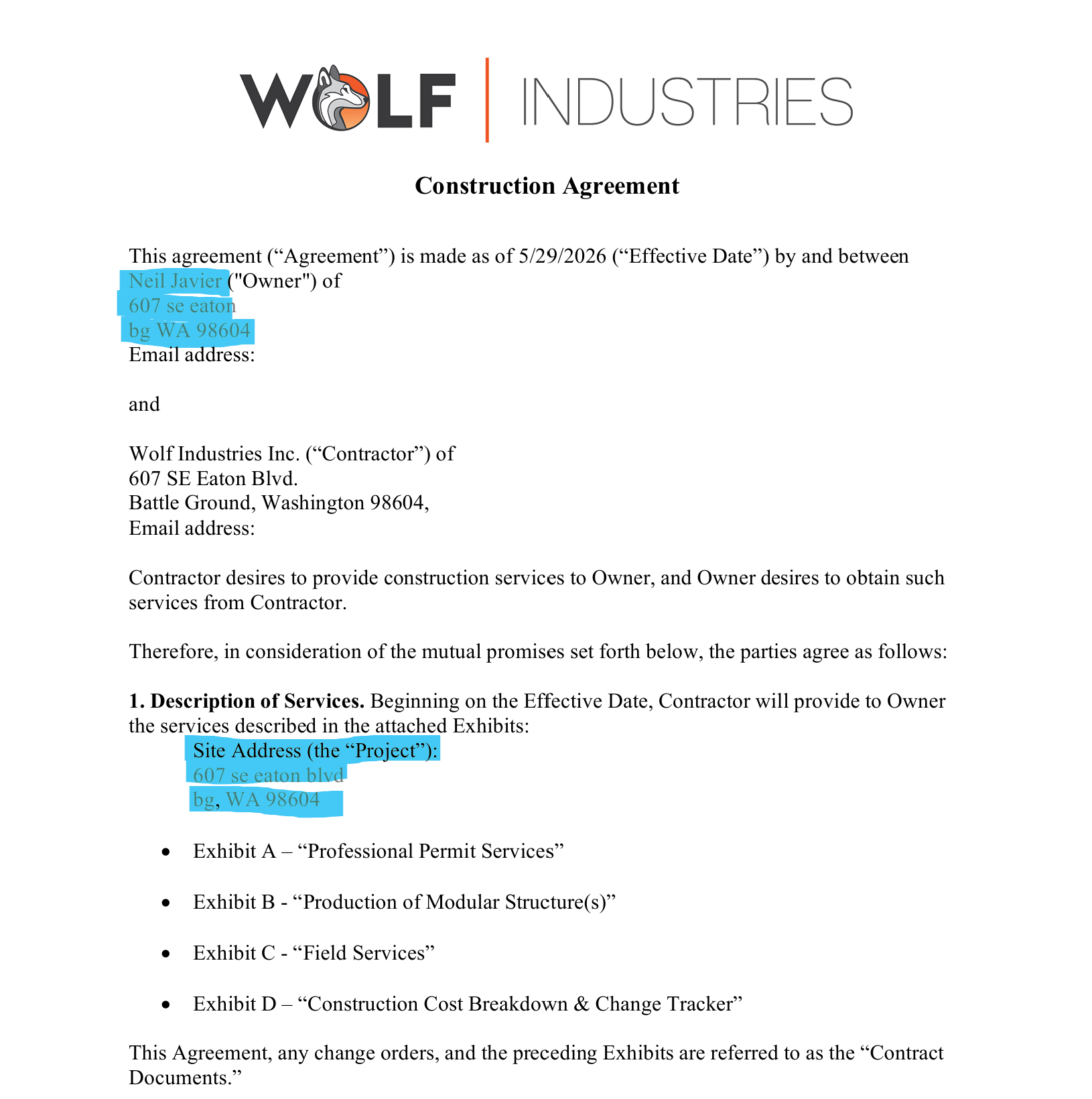 Generated contract PDF with customer and project information populated